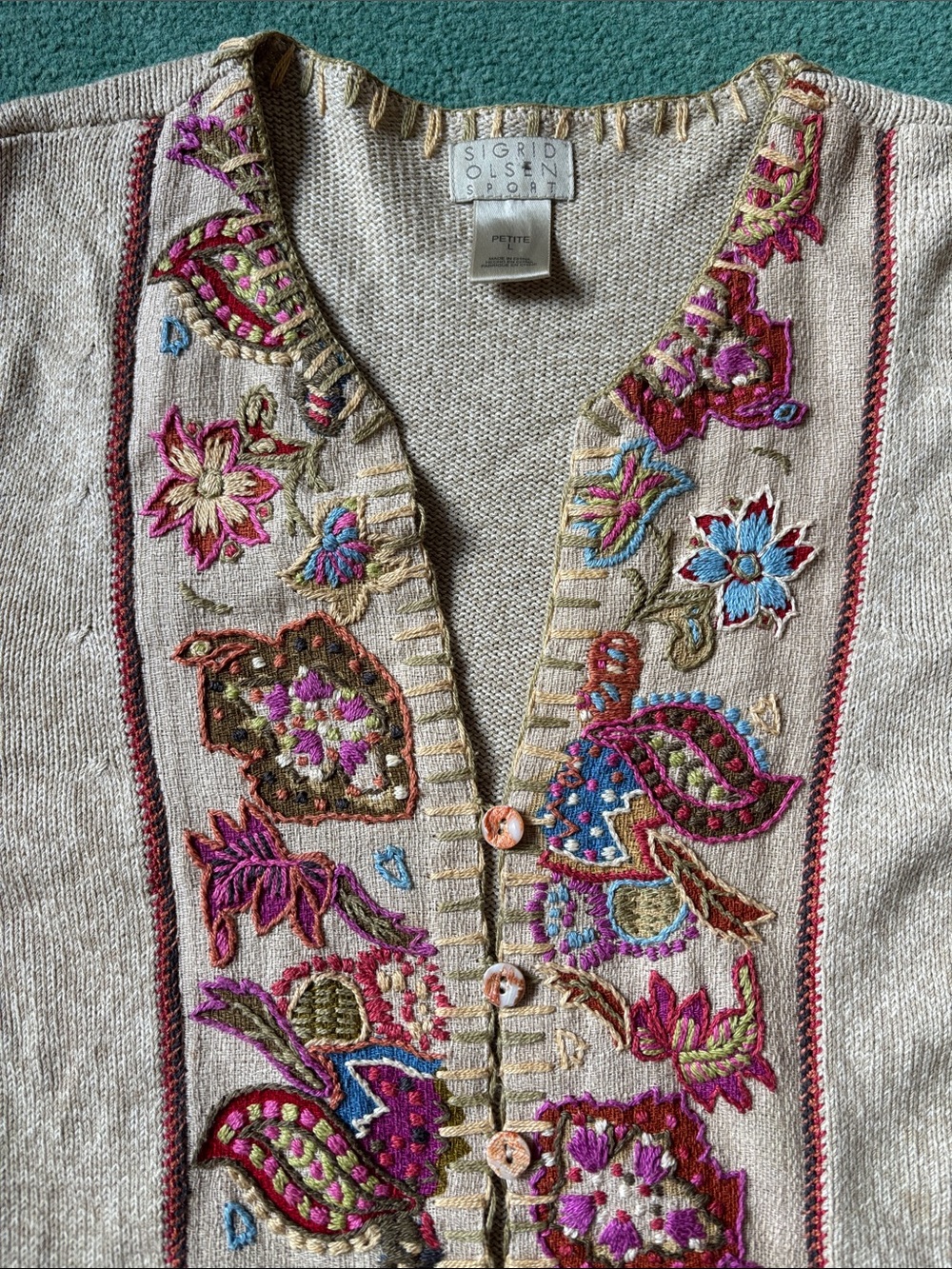 Embroidered silk cotton cottagecore folk Women's Cardigan knit Sweater Large P - Picture 2 of 11